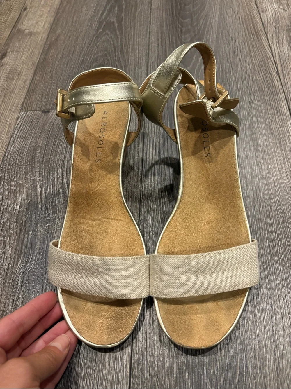 Aerosoles Wedge Sandals - Metallic Gold and Natural Beige